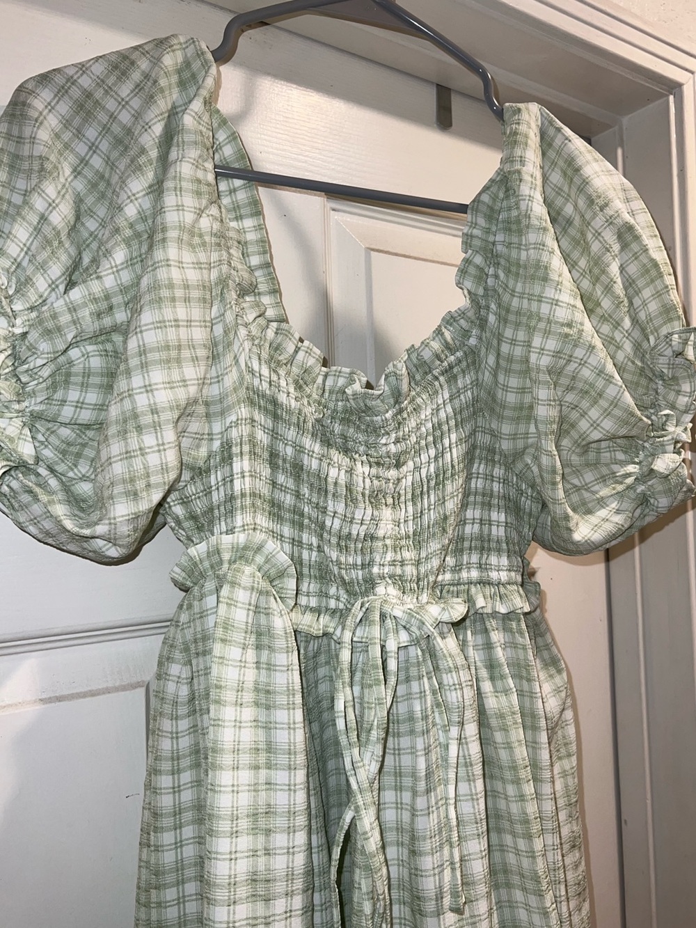 Green Plaid Maxi Dress with Puff Sleeves